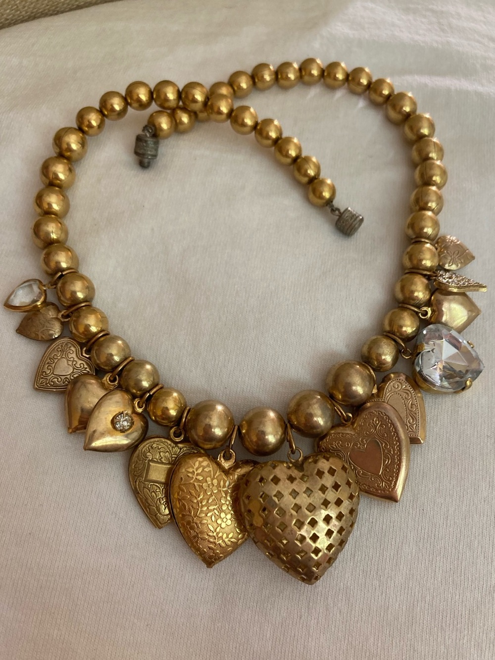 Ornate Heart Lockets Charms Vintage Chunky Gold Tone Necklace Love